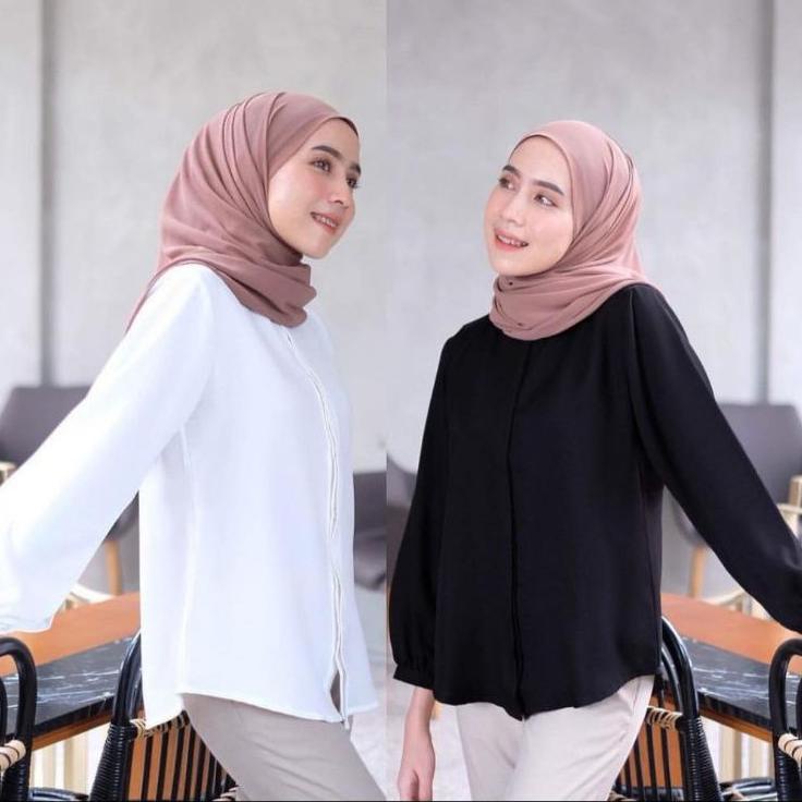 Terbaru Baju Kemeja Polos Kerja Kantor Atasan Wanita Lengan PANJANG Karet Cewek Remaja Warna Putih H