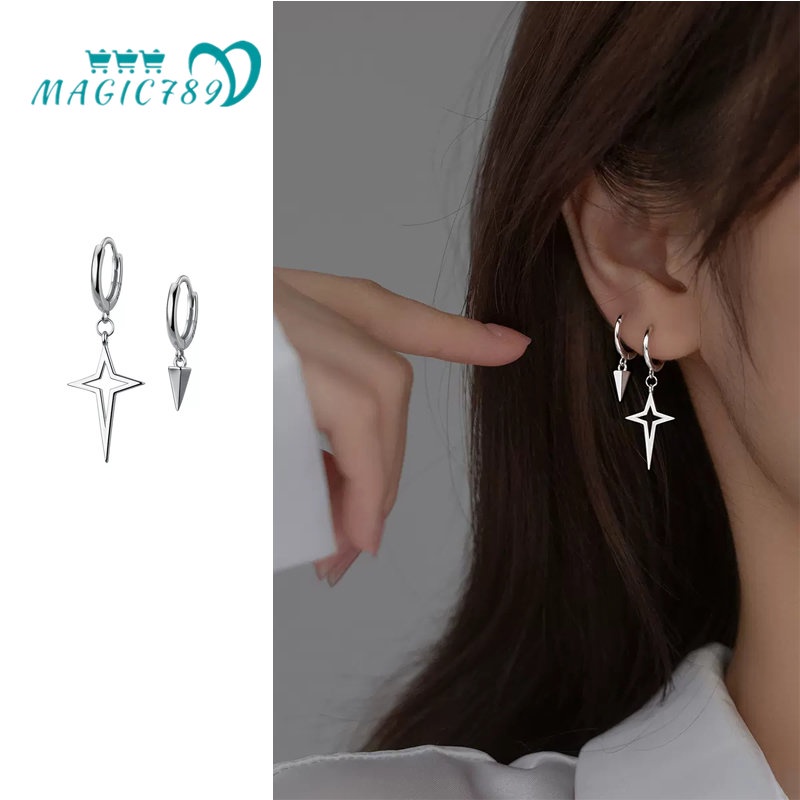 Papaozhu Chic s925 Perak Salib Berongga Bintang Hoop Anting-Anting Untuk Wanita Pria Sederhana Fashion Geometris Kerucut Menjuntai Anting-Anting Perhiasan Hadiah