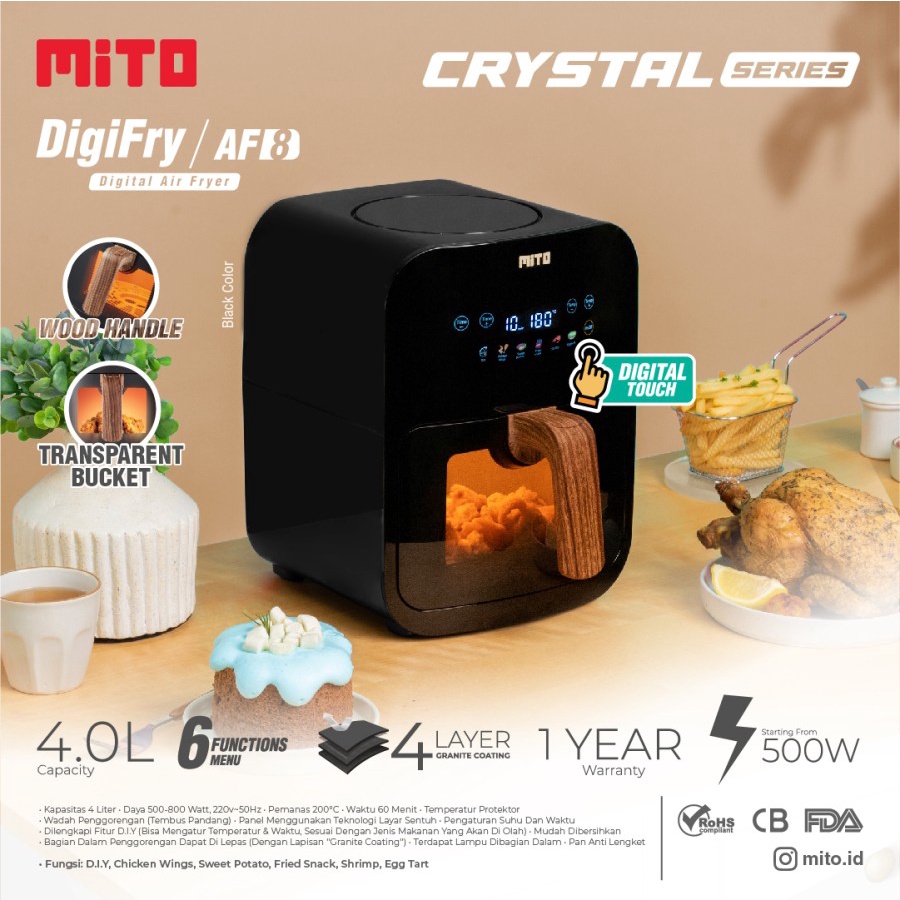Air Fryer Mito AF 8 Transparan Low Watt Airfryer Mitochiba AF8 Crystal