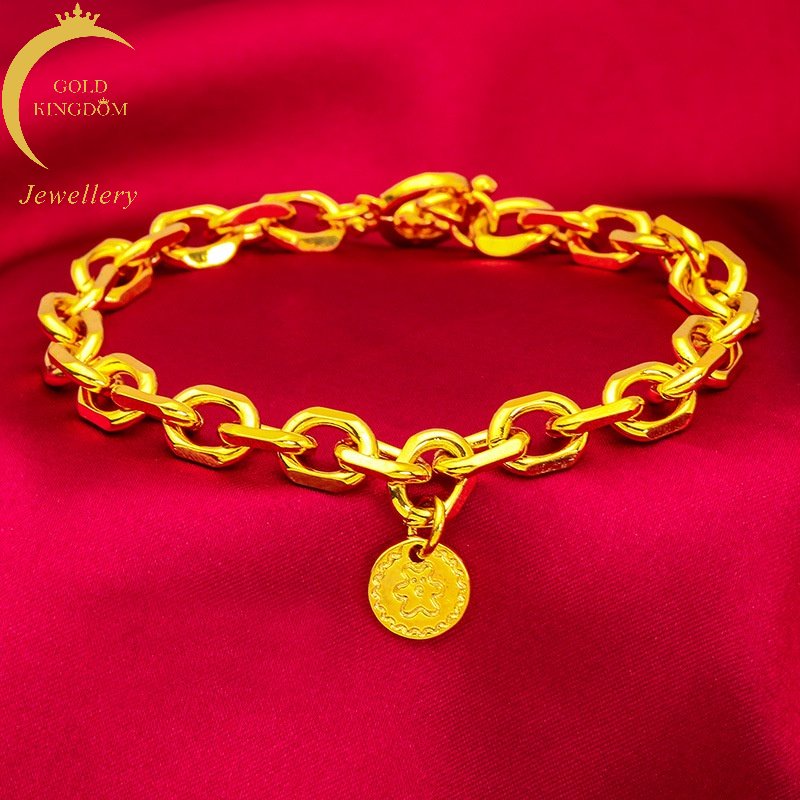 Goldkingdom Perhiasan Fashion Emas Asli Kadar 375 Bangkok Aksesoris Ready Stock Wanita Tebal Gelang Interlocking Sederhana Liontin Berkah Gelang