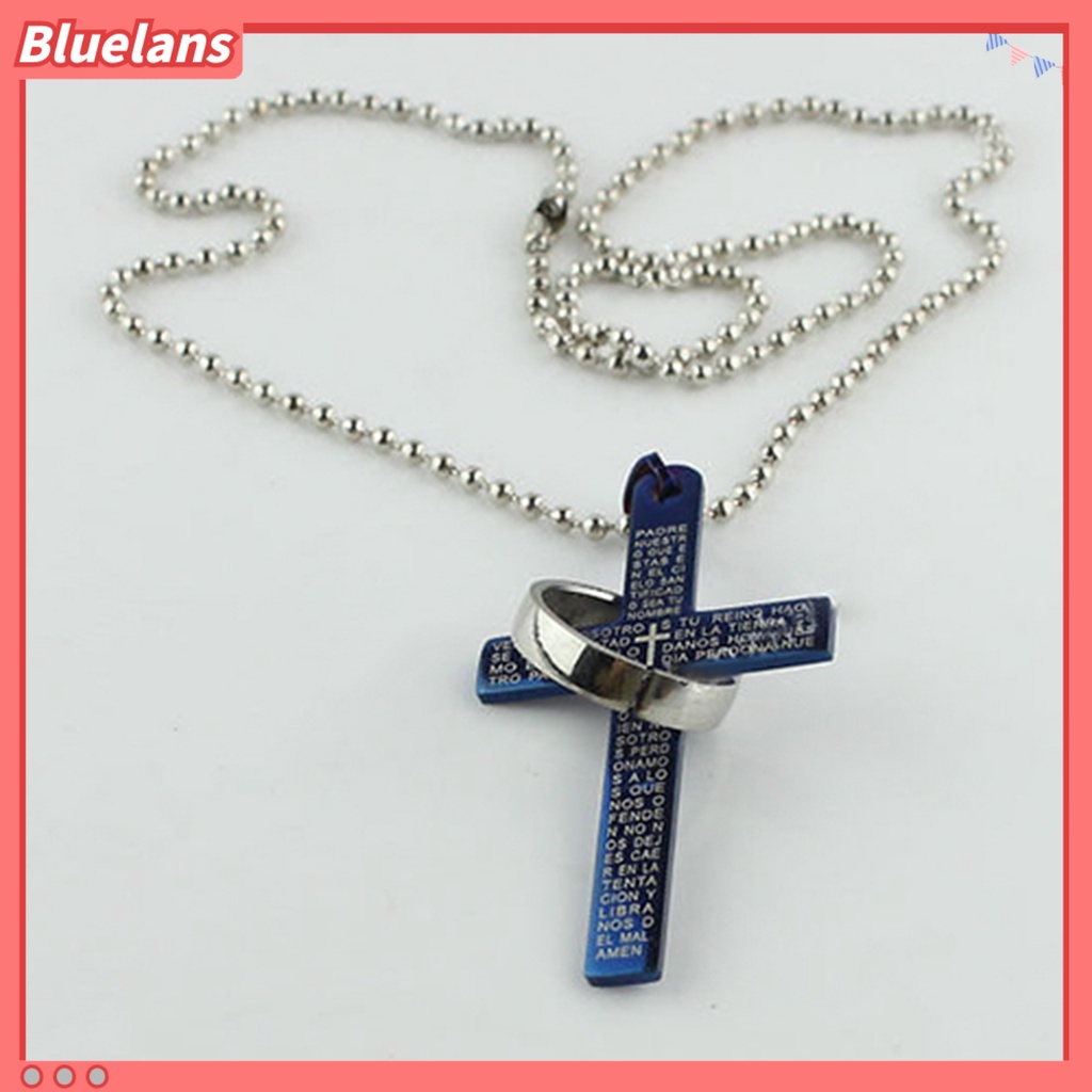 Bluelans Men Stainless Steel Prayer Cross Ring Pendant Ball Chain Punk Necklace Jewelry