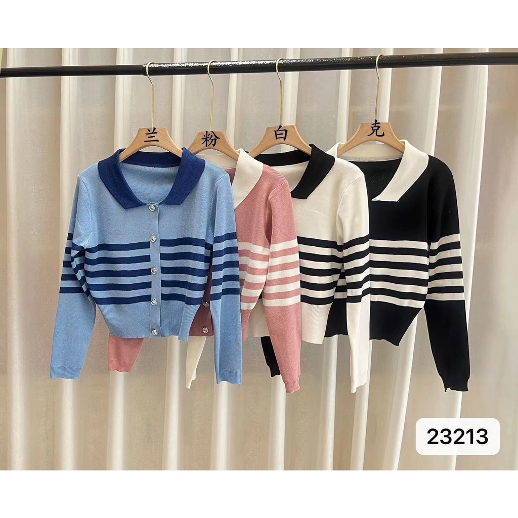 Della Cardi Top Polo Stripes Knit Import - Outer Knitwear Wanita - Atasan Rajut Import TM (23213)