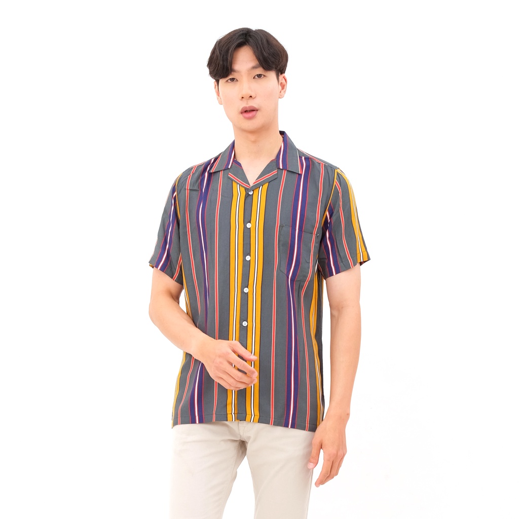 SANVANINA Kemeja Hawaiian Garis Garis Slim Fit Hem Baju Modern Pepito Stripes Shirt 2037