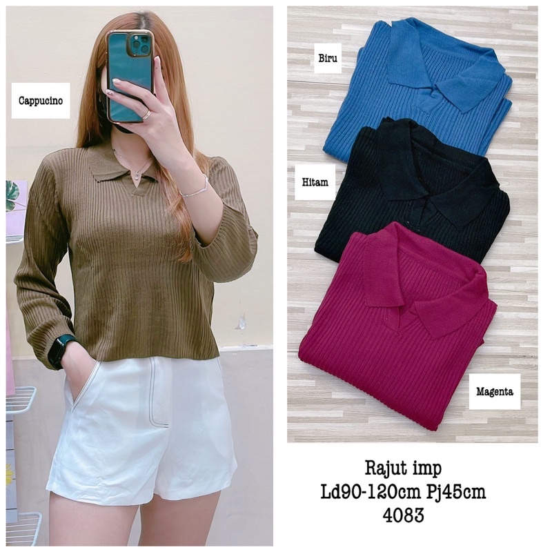 Polo Knit Crop Atasan rajut Wanita Berkerah Polo Lengan Panjang Terbaru