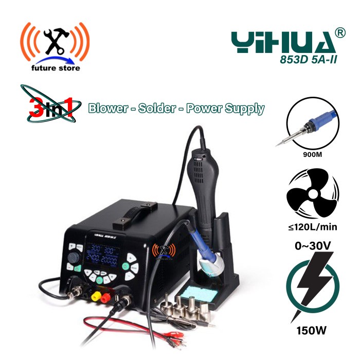 YIHUA 853D 5A II Blower Uap + Soldering Power Supply Hp 5A 30V 3 in 1 920W SMD Soldering Station USB
