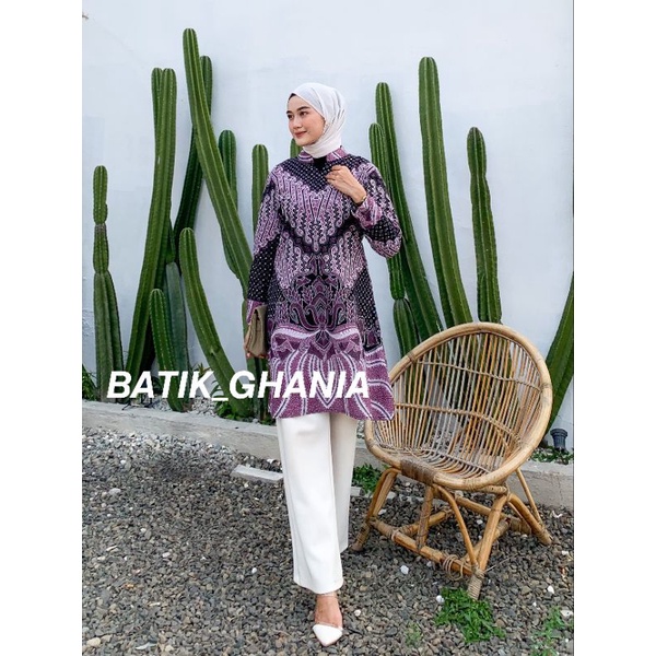 TUNIK BATIK MODERN ATASAN BATIK WANITA LENGAN PANJANG MOTIF ZIGZAG UNGU