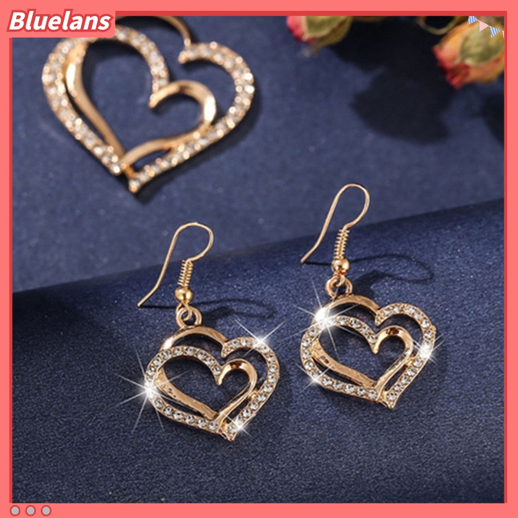 1 Set Perhiasan Kalung Anting Gelang Liontin Hati Ganda Model Rongga Untuk Wanita