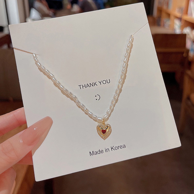 Kalung Choker Dengan Liontin Hati Aksen Mutiara Untuk Wanita