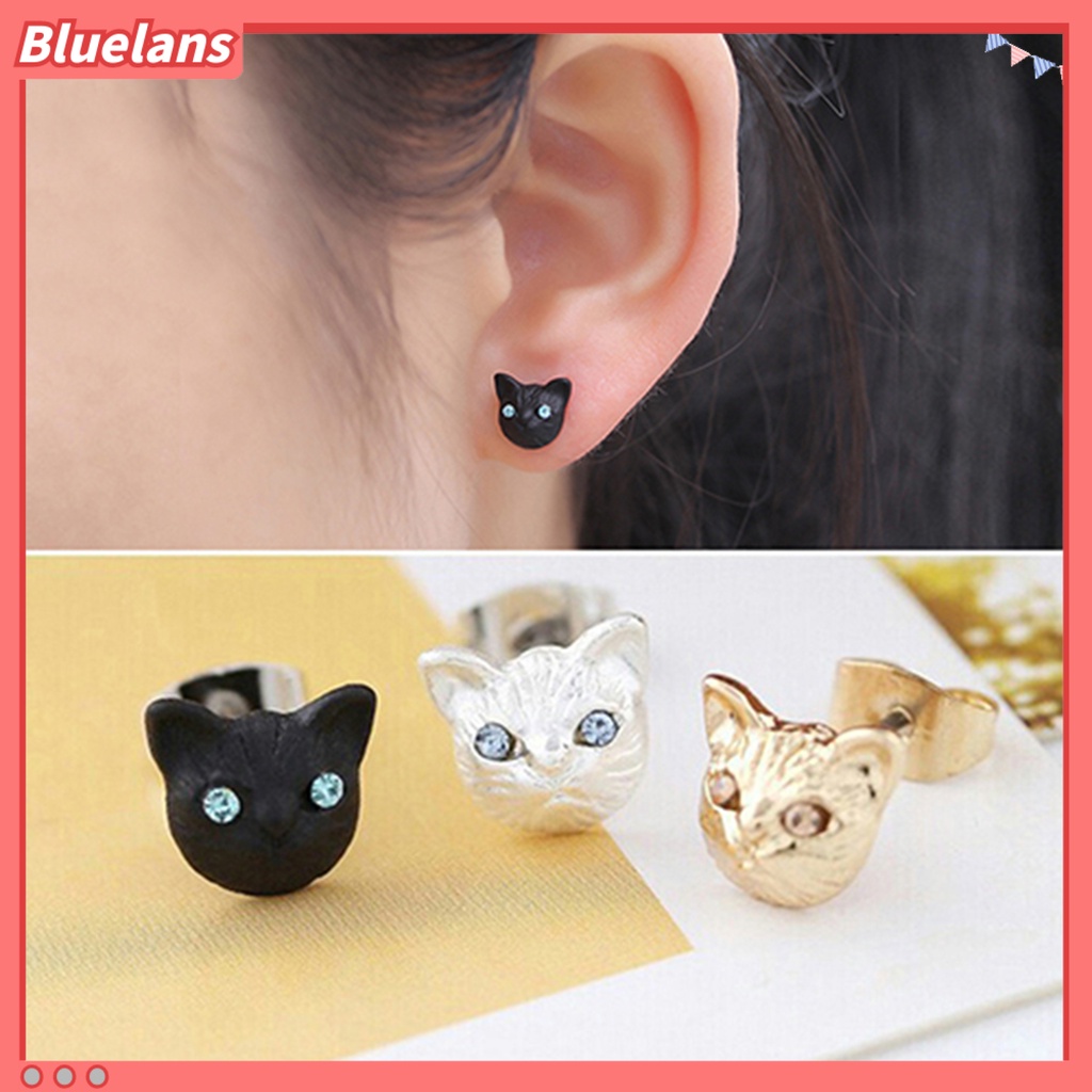 Bluelans 1 Pair Women Cute Cats Head Rhinestones Inlaid Ear Studs Earrings Club