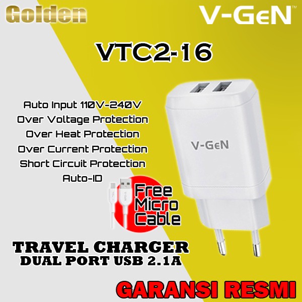 VGEN V-GeN VTC2-16 Travel Adapter Charge 2.1A 2 Port USB Resmi