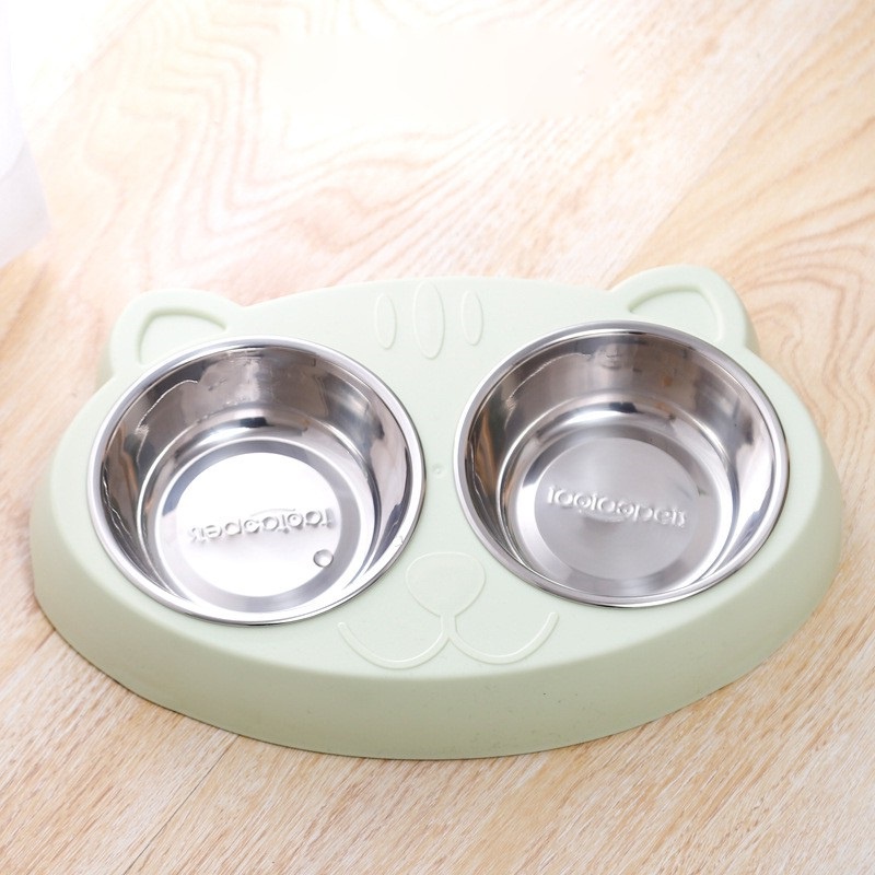 Mangkok Stainless Double Macaron Model Muka Kucing Untuk Anjing Dan Kucing