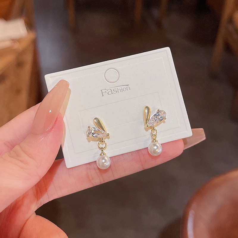 Anting Tusuk Gantung Bahan Sterling silver 925 Desain Hati Hias Zircon + Mutiara High Quality Untuk Wanita