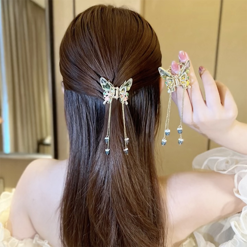 Jepit Rambut Bentuk Hiu / Bunga / Kupu-Kupu Aksen Berlian Imitasi + Rumbai Untuk Aksesoris Wanita