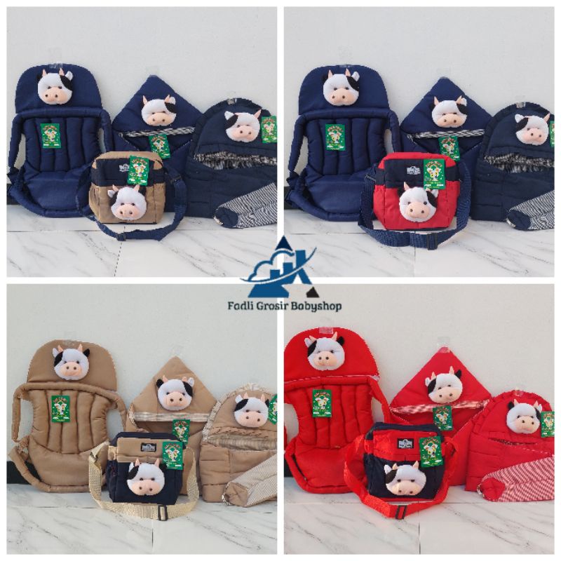 Paket Hemat (4 in 1) Tas Bayi Boneka Sapi Gendongan Samping Boneka Sapi Selimut Boneka Sapi Dan Gendongan Depan Duduk Boneka Sapi