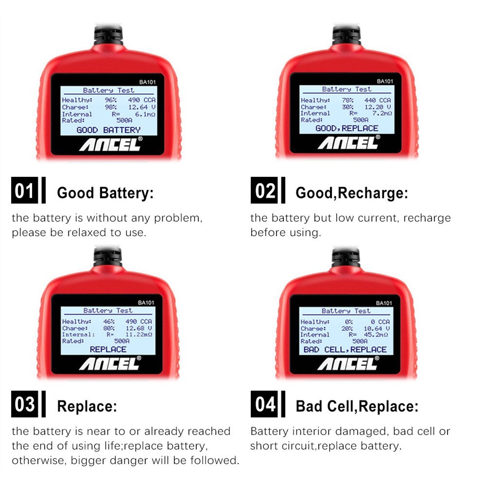 ANCEL BA101 12V Car Battery Tester Digital Car Battery Analyzer Battery Health Analyzer Car Diagnostic Tool For Car/Motorcycle/Vans/Light Truck/Boat