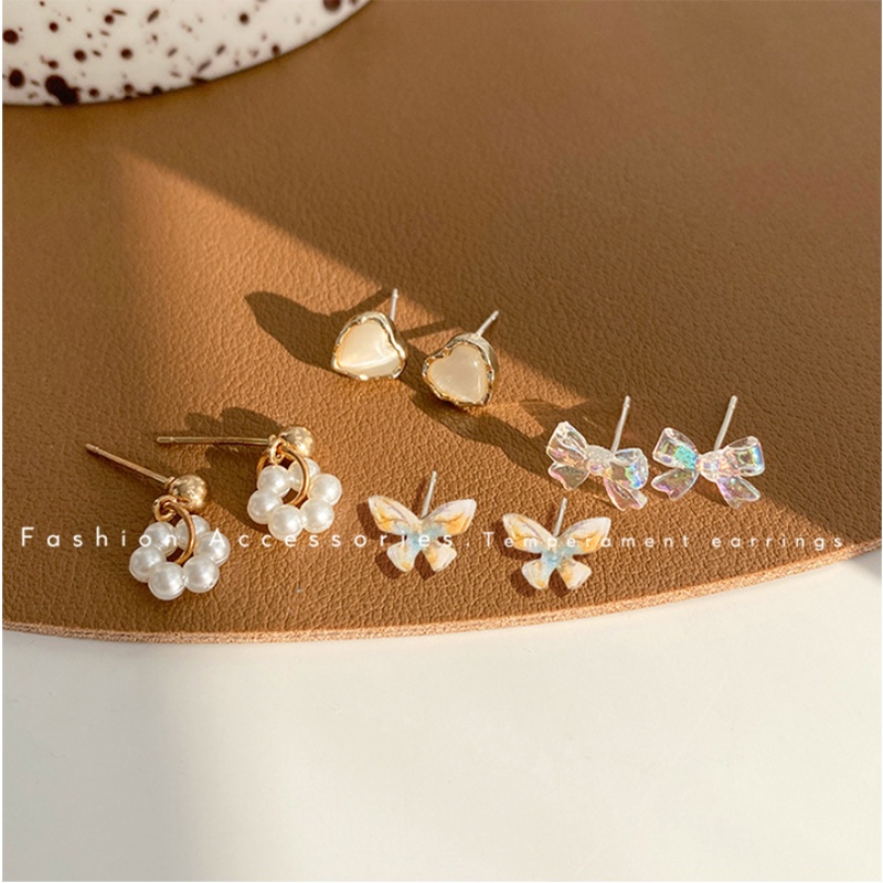 Roselife 12pcs / Set Anting Tusuk Silver S925 Gaya Korea Motif Kupu-Kupu / Bulan / Bintang / Bunga / Mutiara Untuk Wanita