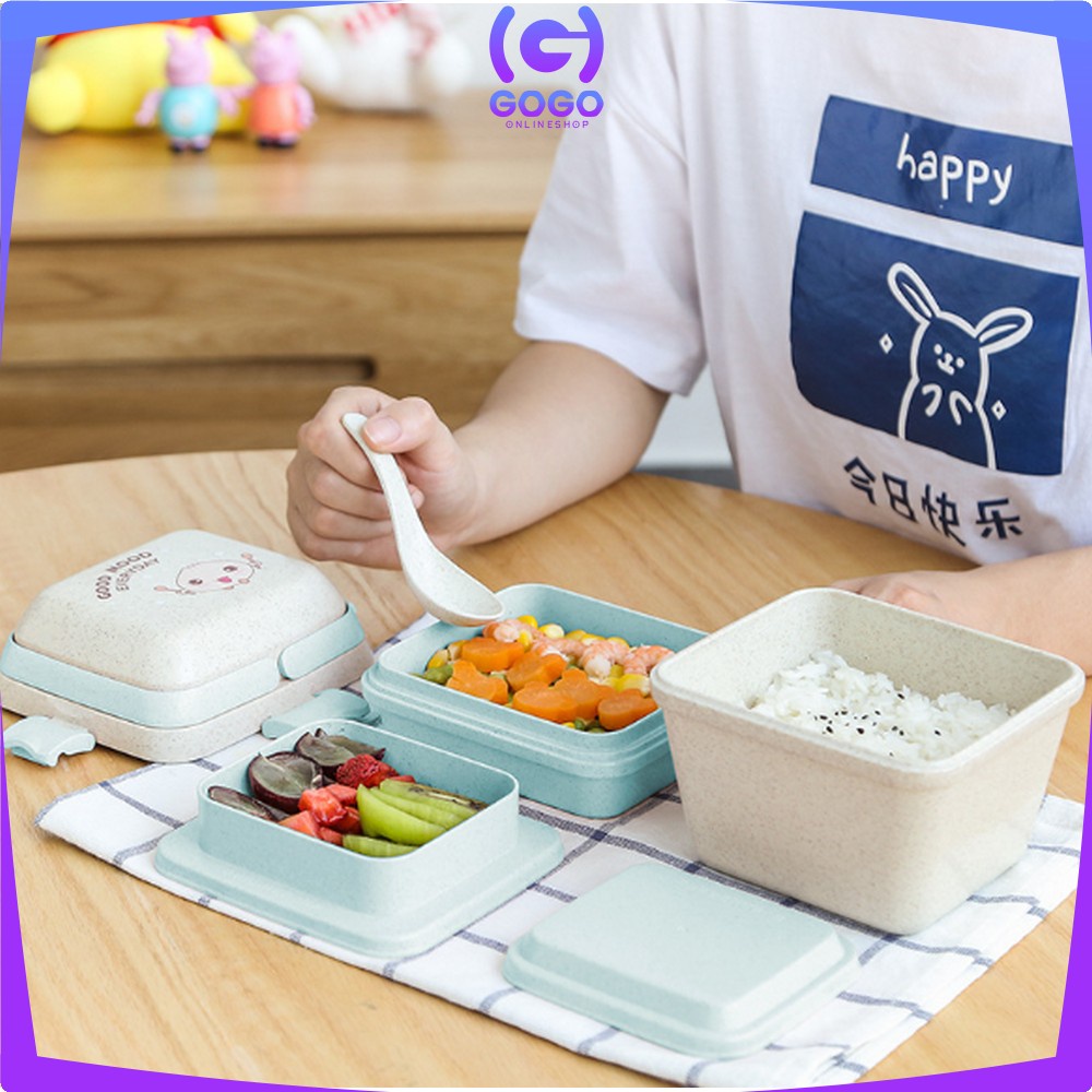 GOGO-C692 Lunch Box Set Kotak Makan Anti Tumpah Free Sendok Bahan PP Jerami Gandum / Tempat Bekal Bento Set Microwavable Good Mood Everyday Portable BPA FREE