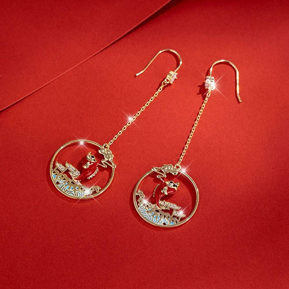 Mxbeauty Anting Imlek Fashion Drop Earrings Mutiara Emas Berlian Perhiasan Tahun Baru Perhiasan Gaya Cina Anting Koi Merah