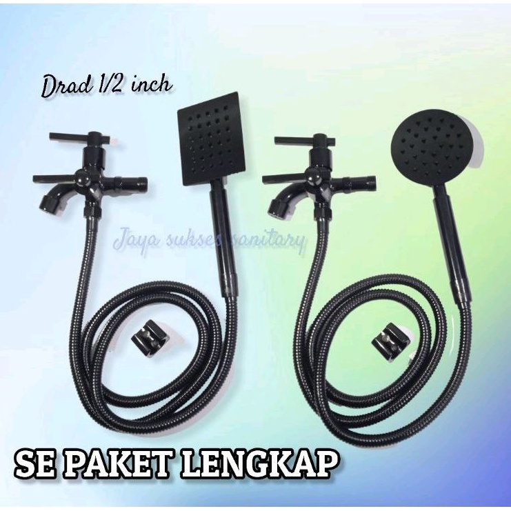 Paket Hand shower Stainlees SUS 304 KOTAK BULAT HITAM Handshower mandi set semprotan Deras sower mandi dan kran cabang BLACK 1/2 Inch