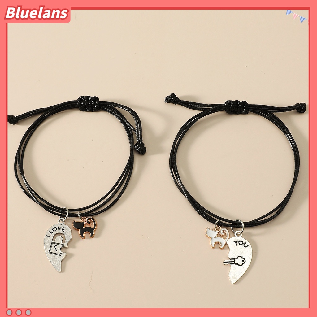 2pcs Gelang Tali Kepang Adjustable Bentuk Kucing Hati Untuk Pasangan