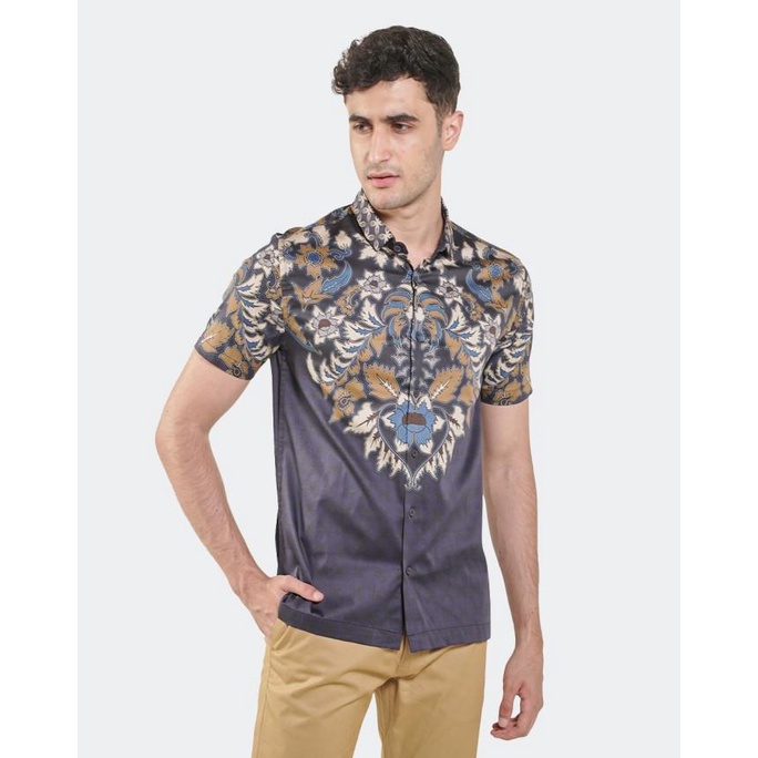 MANZONE Kemeja Batik Pria Lengan Pendek Modern Fit Asoka-Navy