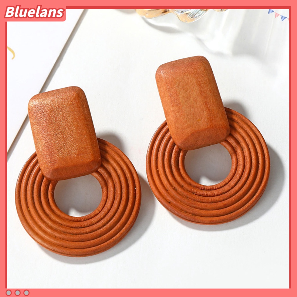 Bluelans Anting Stud Bentuk Geometris Bahan Kayu Gaya Vintage Untuk Wanita