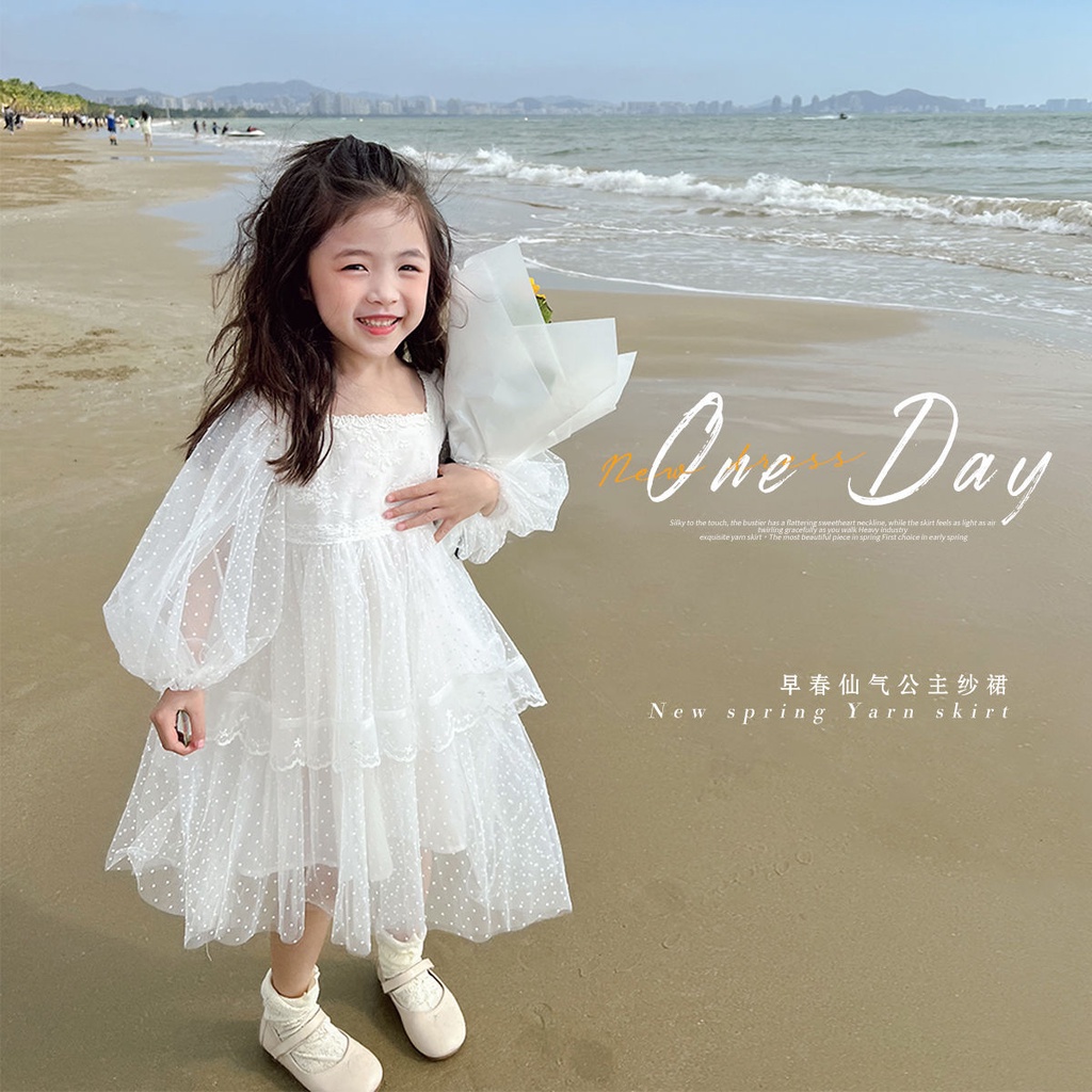 FK221010 Gaun Anak. Girl's Puff Long-Sleeved Mesh Double Layer Dress Sz 90-150