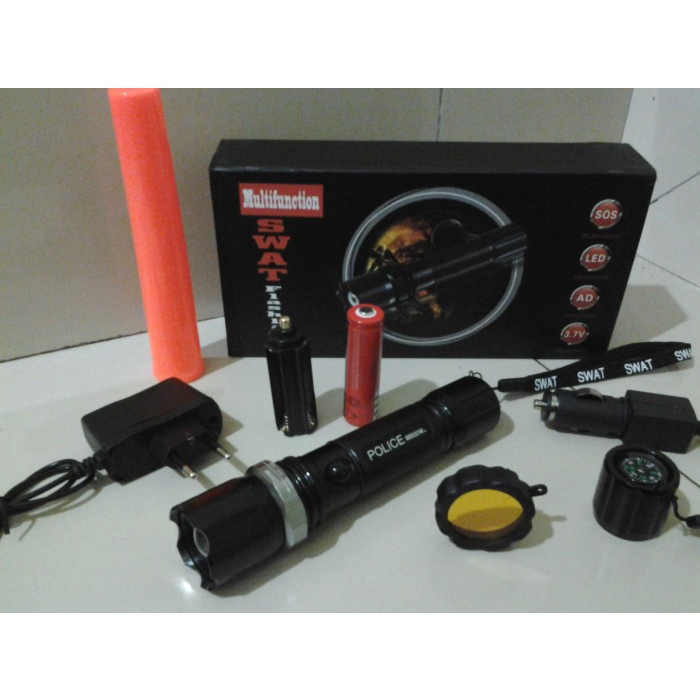 SWAT Flashlight / Senter Police Led ( + Batre Cas + Corong Lampu Lintas + Charger Kit + Sarung /