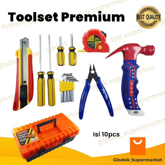 Alat Perkakas 10in1 Toolbox Kotak Pertukangan Obeng Tang Palu Toolkit isi 10pcs