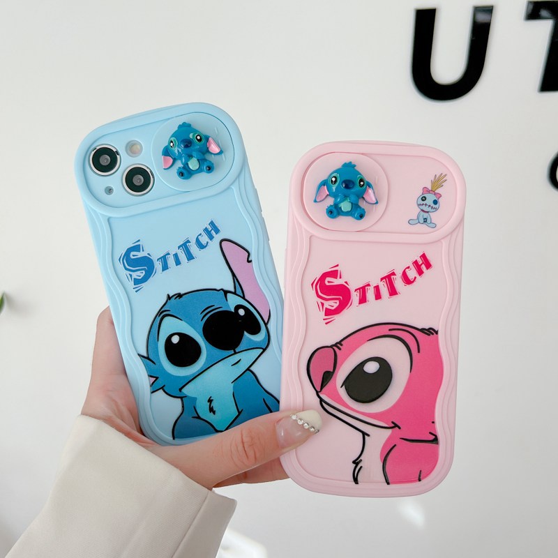 Soft Case yang Dapat Ditekan untuk IPhone 11 12 13 14 Pro Max 14 Plus Casing Penutup Ponsel Lucu Pasangan Merah Muda Biru Disney Stitch Girls Wanita Gadis Hadiah