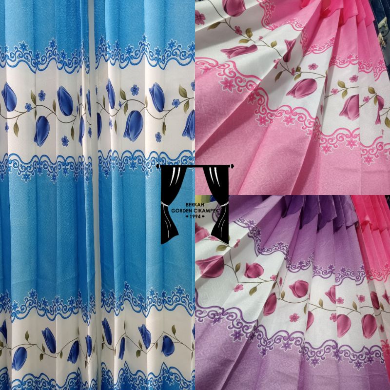 Gorden Motif Tulip_Smokring_Cantik_Warna Biru_Pink_Ungu_Gorden Murah_Bahan Semi Blackout