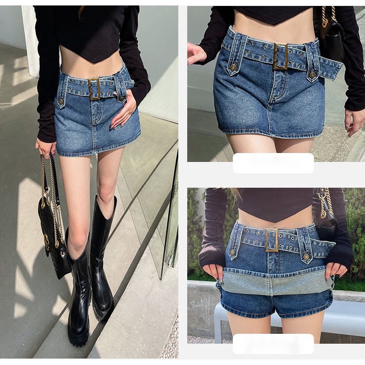 rok jeans pendek 3/4 wanita rok a-line high waist rok midi skirt denim kekinian 2023 berpinggang tinggi sedang untuk menutupi rok pinggul selangkangan