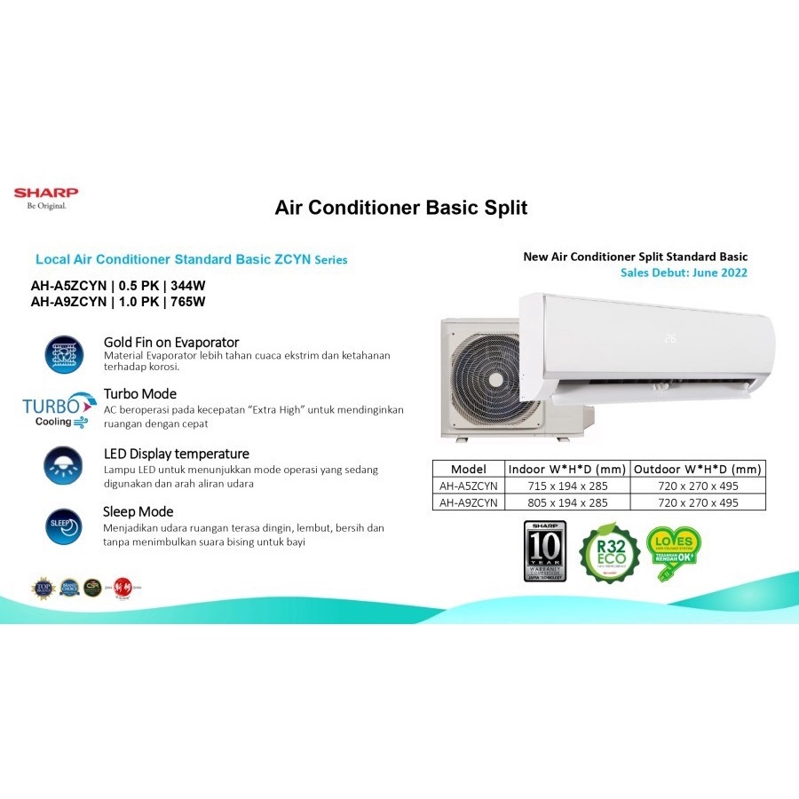 SHARP AC Standard 1/2 PK AH-A5ZCYN , 1 PK AH-A9ZCYN [Indoor + Outdoor Unit Only]