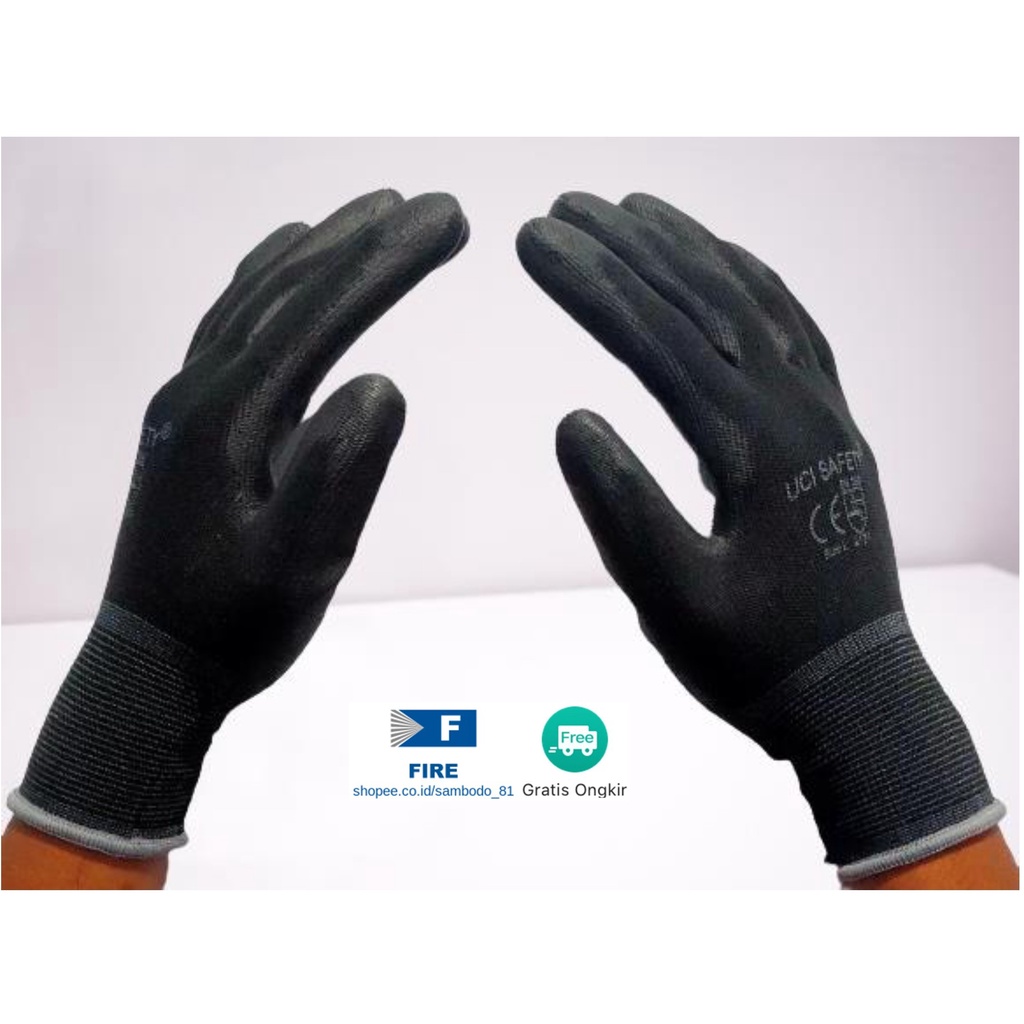 Sarung Tangan Ukuran S,M, L, XL Proyek Satpam Anti Slip Hitam Black Hand Gloves Mekanik Montir Berkebun Tukang Telapak Tangan dilapisi karet Bahan Nylon Polyester Elektronik Assembly Static Multi Purpose Polyurethane Kerja