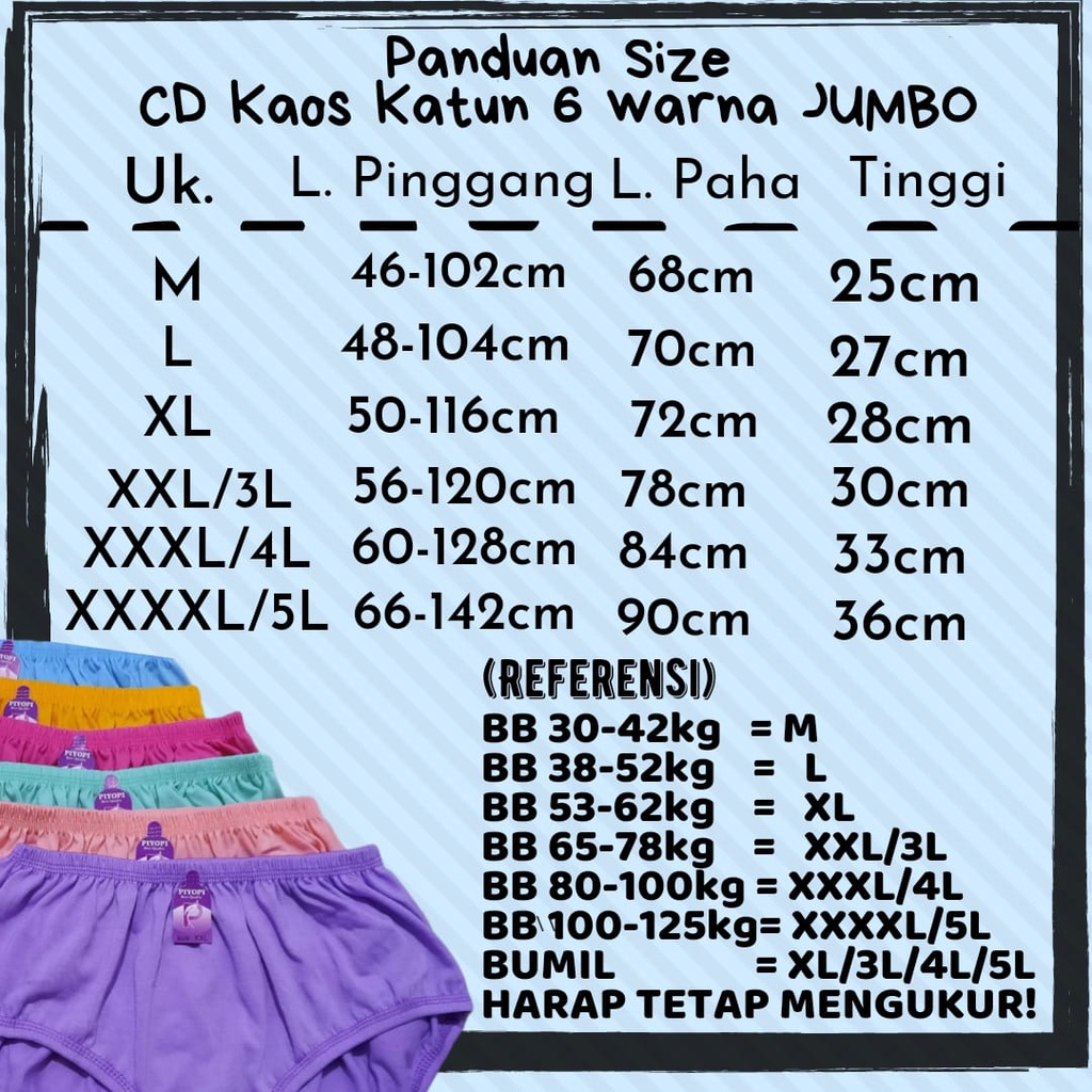 Celana Dalam Wanita Polos Katun (T-02) 12 PCS  Elastis CD Ibu HAMIL JUMBO 5L 4L 3L XL L