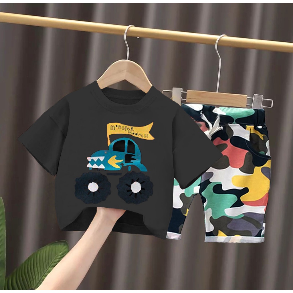 setelan baju kaos bayi anak motif truck monsters size 1-5 tahuan bahan katun premium lembut nyaman dipakai terbaru terlaris/ setelan baju kaos bayi anak laki laki/ setelan baju kaos bayi anak perempuan/ setelan baju kaos bayi anak cowok