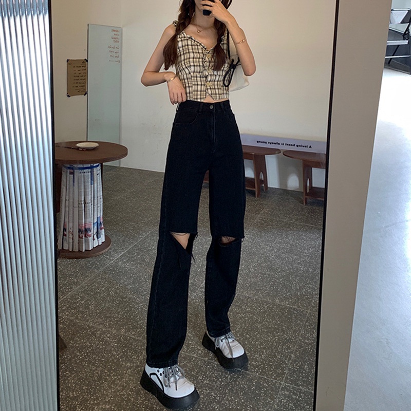 Hitam Import Fashion High Waist Robek Celana Jeans Panjang Wanita