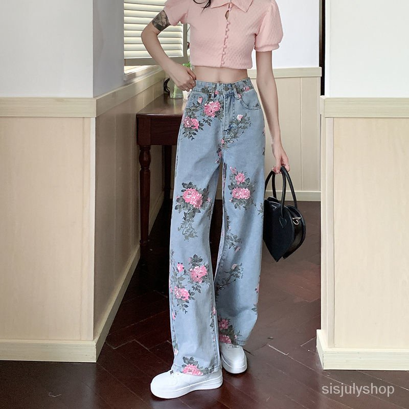 #Sisjuly# Rose jeans wanita baru longgar pinggang tinggi dicetak celana panjang berkaki lebar berkak