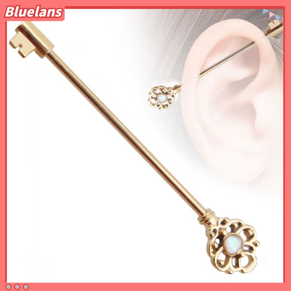 Bluelans Hollow Key Industrial Barbell Earring Stainless Steel Cartilage Piercing Jewelry