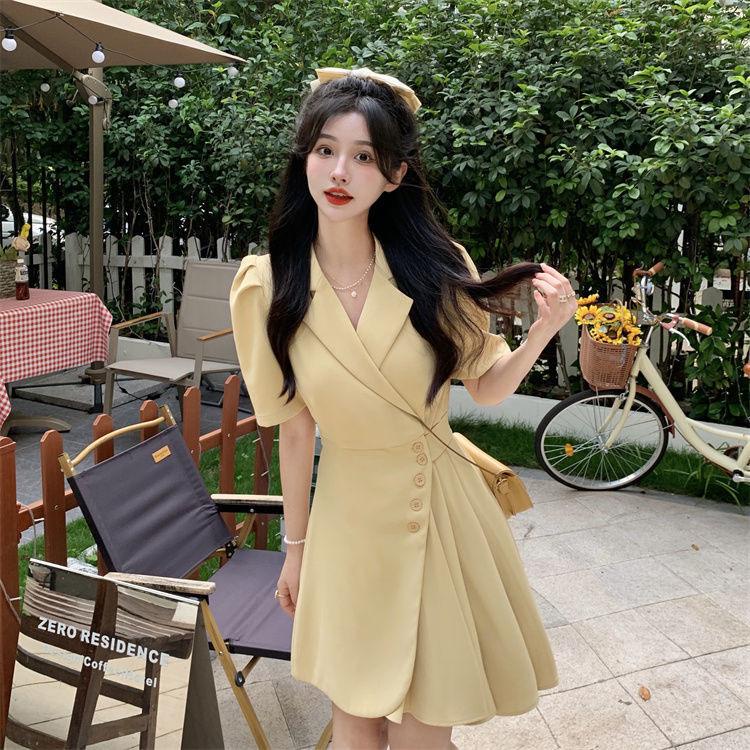 [littlecrab] Dress Formal Wanita V Neck Collar French Style Pink Kuning Hitam Simple Elegan Casual Gaun Pendek Warna Soft Berkerah High Quality A-Line Dress Berkualitas Korean Style