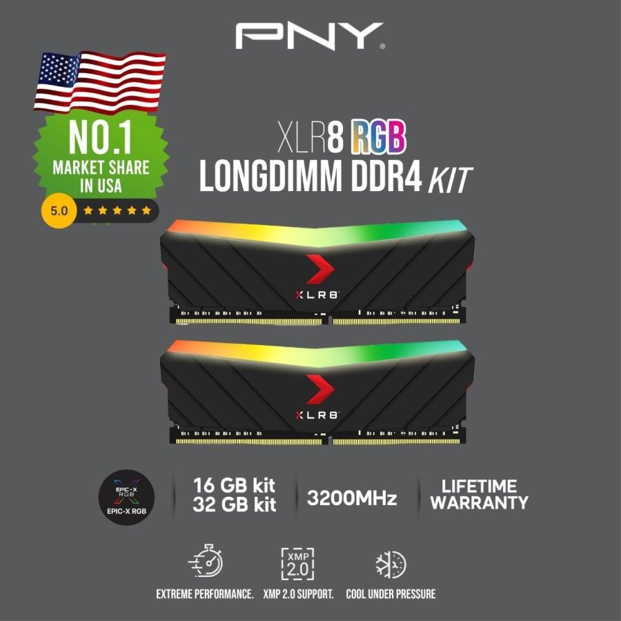 PNY XLR8 RGB Black KIT Ram Longdimm DDR4 8GB, 16GB, 32GB 3200Mhz pc25600