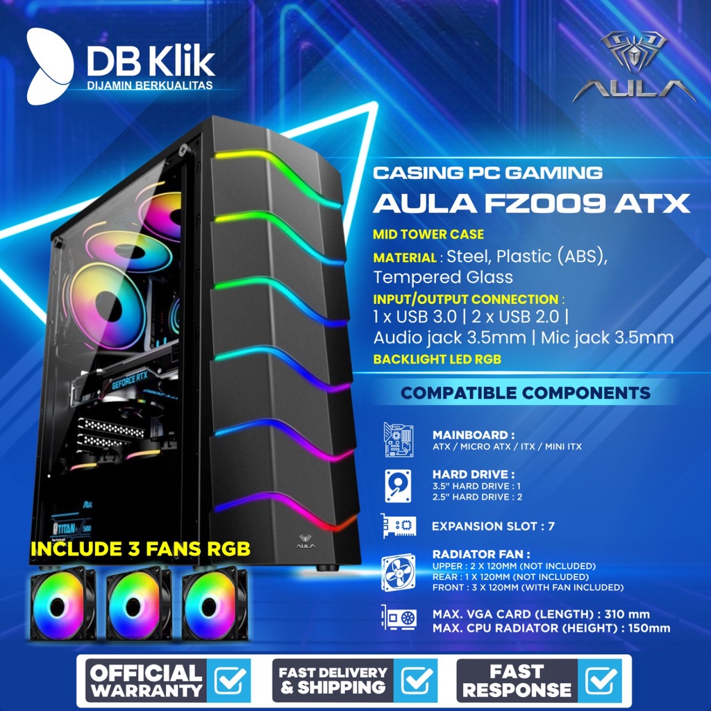 Casing PC Gaming AULA FZ009 ATX include 3 Fan RGB - Casing AULA FZ 009