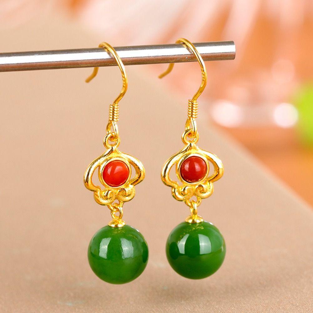 Mxbeauty Anting Wanita Warna Solid Retro Pesta Fashion Desain Manik Hijau Lady Menjuntai Earrings