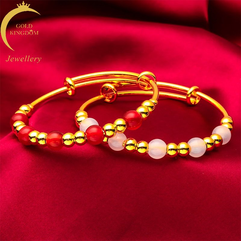 Goldkingdom Fashion Perhiasan Emas Asli Kadar 375 Bangkok Aksesoris Ready Stock 8mm Agate Adjustable Gelang Dorong Tarik Lebar Gelang Agate Wanita