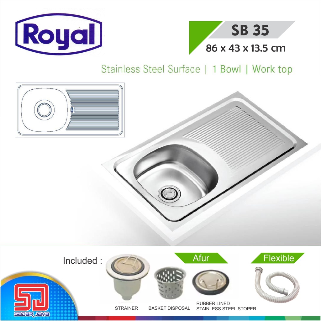 Royal Kitchen Sink SB 35 Wastafel Dapur Bak Cuci Piring 1 Bowl Sayap Pengering Stainless Steel SB35