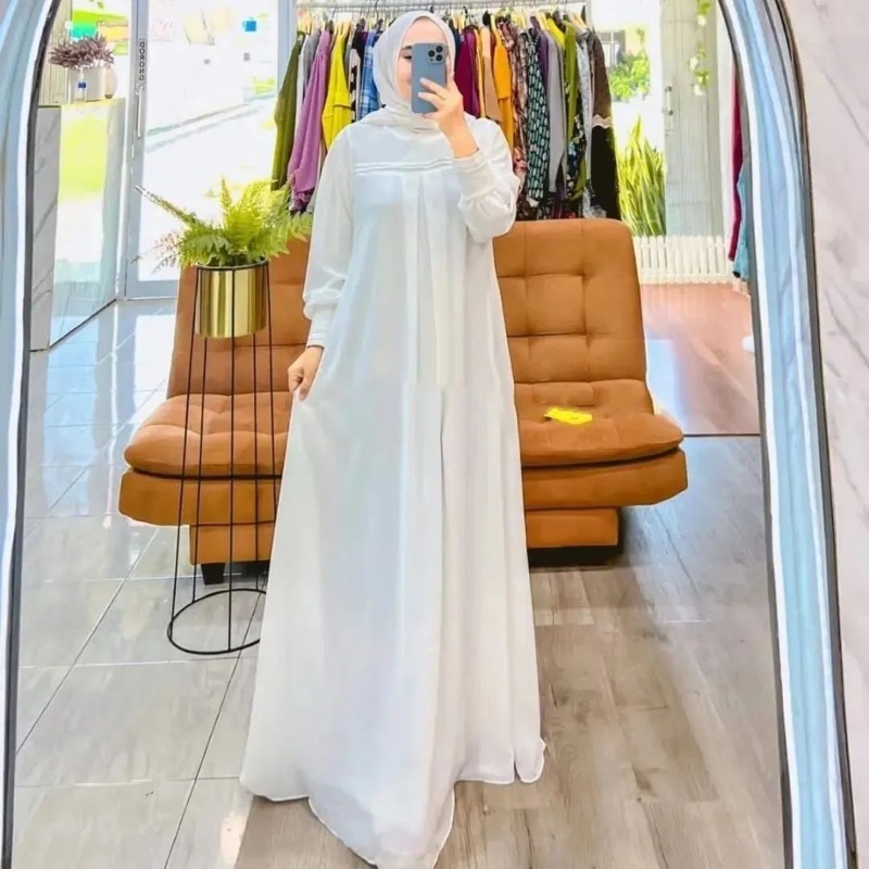 GAMIS PUTIH WANITA TERBARU BAHAN CERUTY BABYDOLL PREMIUM FULL FURING GAMIS DRES CERUTY POLOS MODEL S