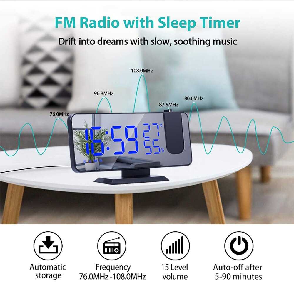 Jam Meja Alarm Digital Proyektor Temperature Humidity FM Radio Desain Minimalis Multifungsi Termometer Suhu Ruangan