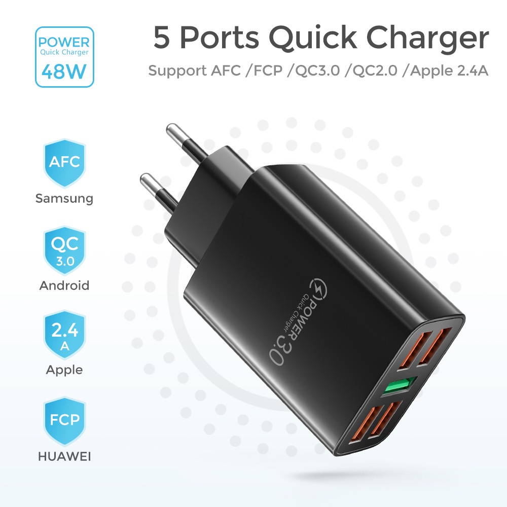 Adapter Charger Dinding 5 Port USB 3.0 4.0 48W Fast Charging Untuk Iphone 14 13 Pro Max Android