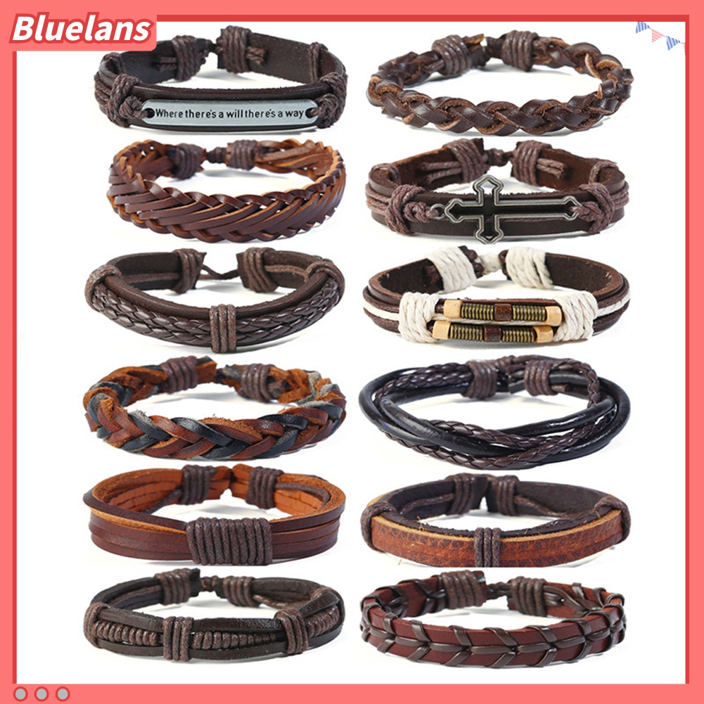 12pcs / Set Gelang Multilayer Bahan Kulit Imitasi Gaya Vintage Untuk Pria