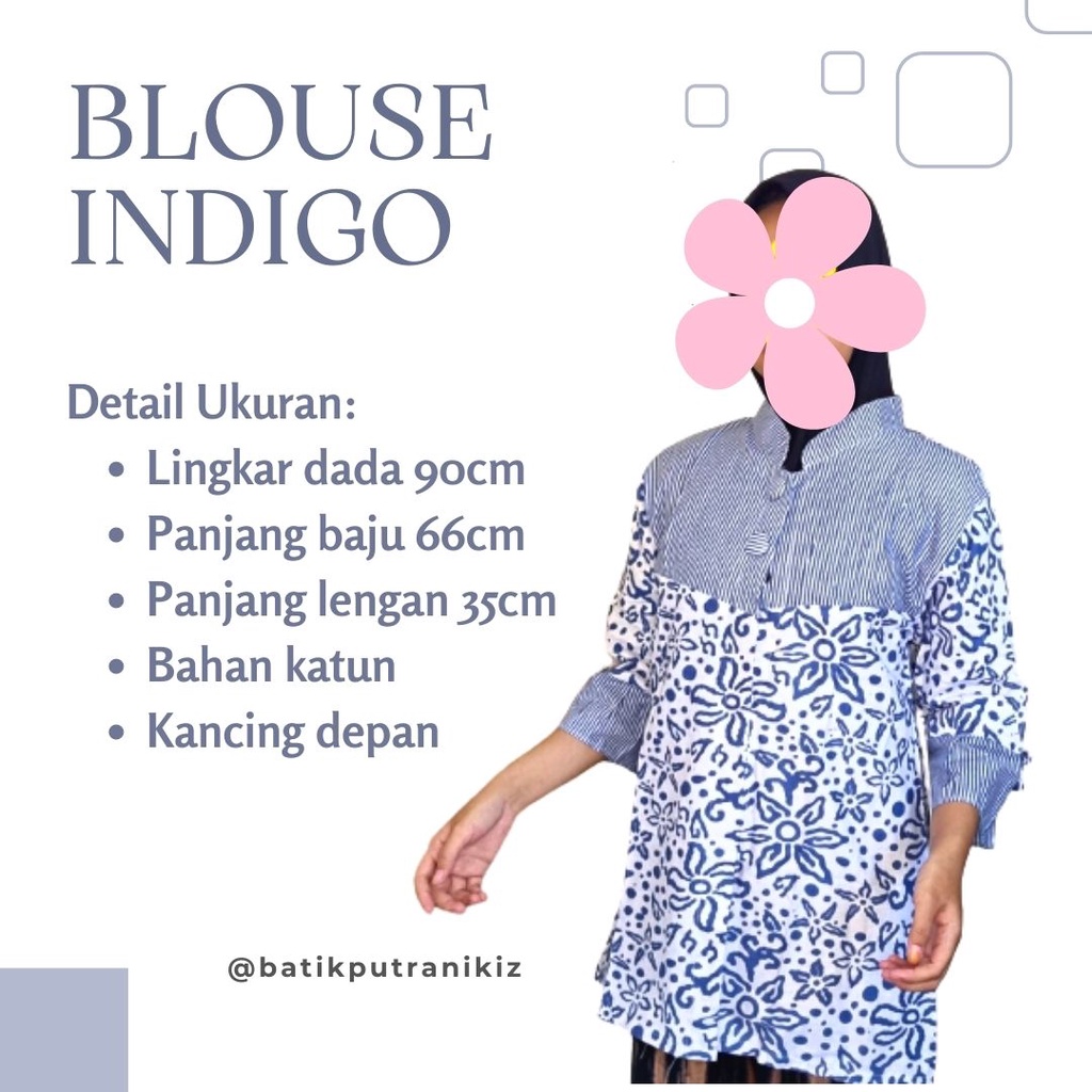 (COD) New Blouse Batik Atasan Wanita Indigo Kancing Kerja Kantoran Kasual Modern Kekinian
